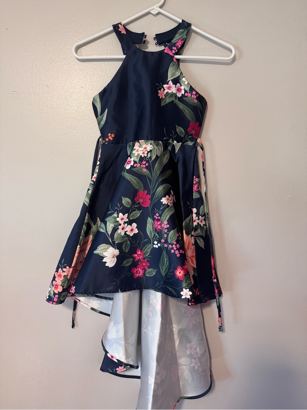 Navy Floral High-Low Halter Dress for Kids